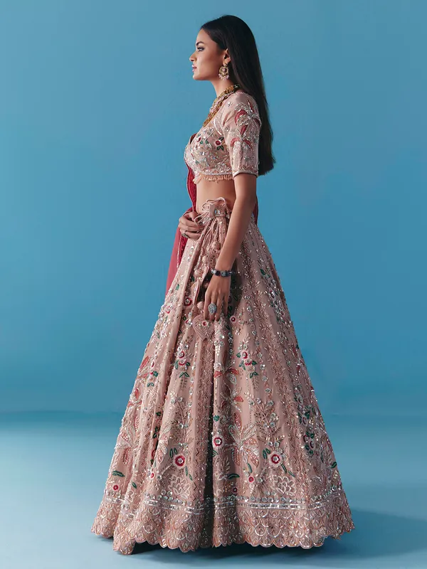 Onion pink silk lehenga choli with diamond charm
