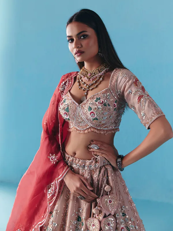 Onion pink silk lehenga choli with diamond charm