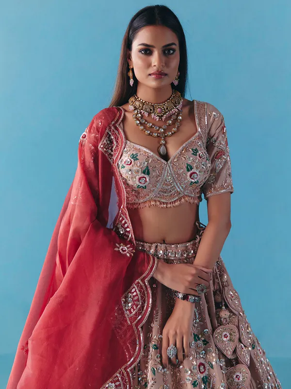 Onion pink silk lehenga choli with diamond charm