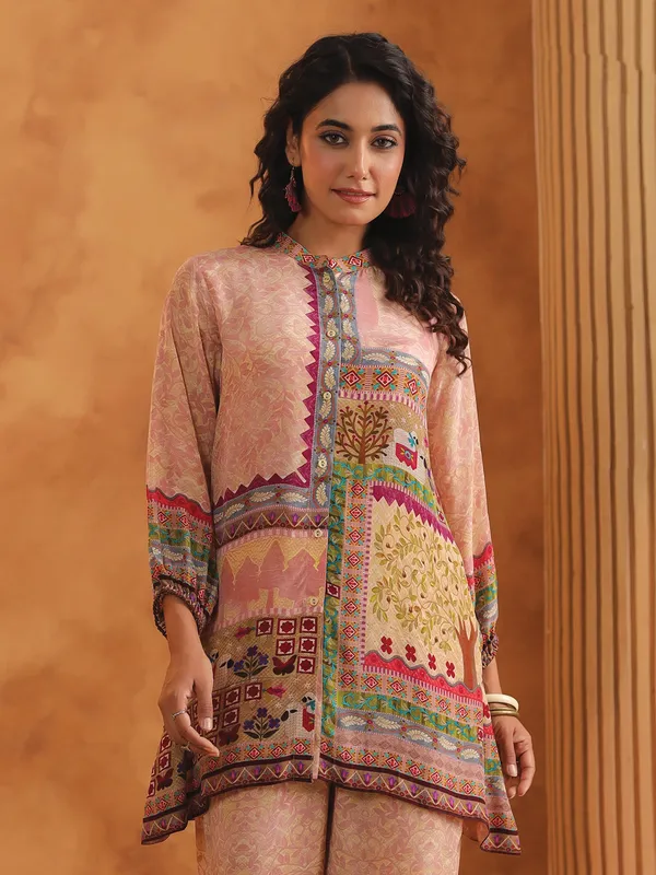 Onion pink silk printed co ord set for women