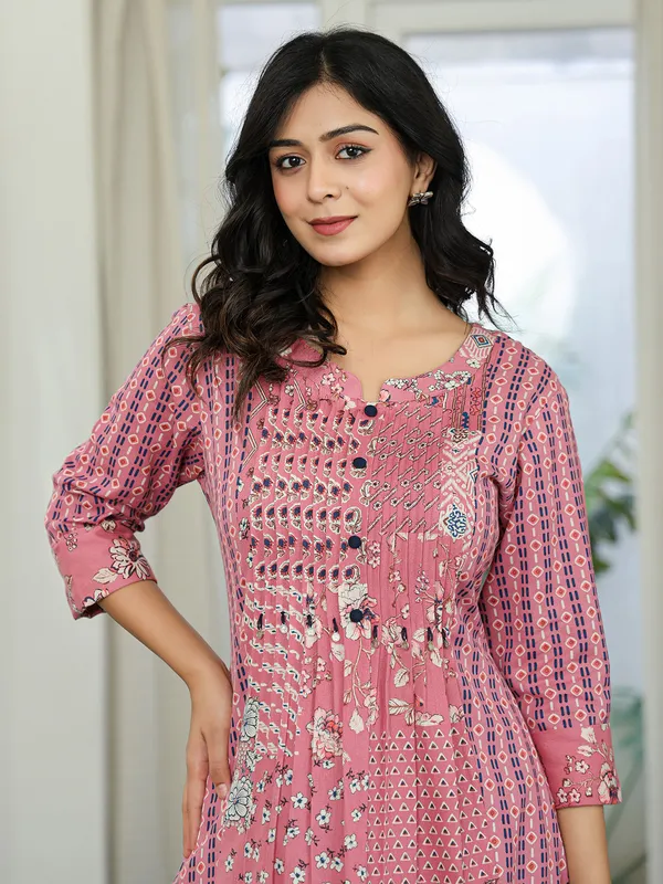 Onion pink silk printed kurti set