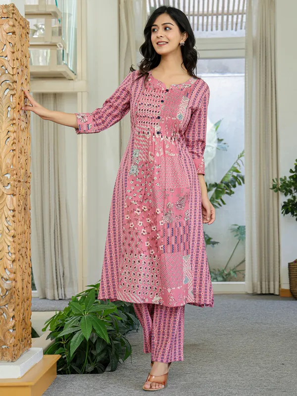 Onion pink silk printed kurti set