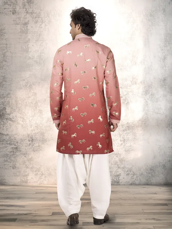 Onion pink silk resham and embroidered kurta suit