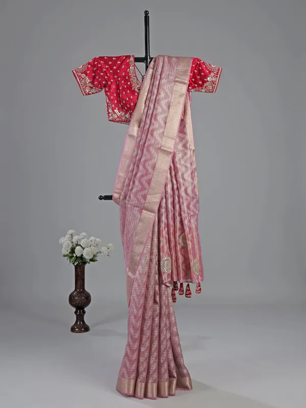 Onion pink silk saree with embellished blouse