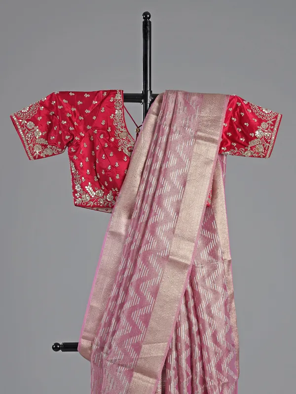 Onion pink silk saree with embellished blouse
