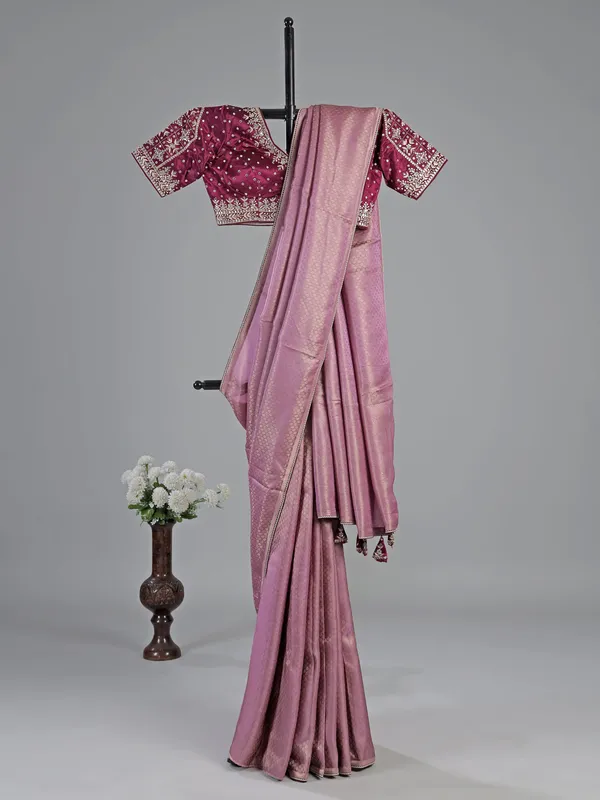 Onion pink silk saree with stylish blouse