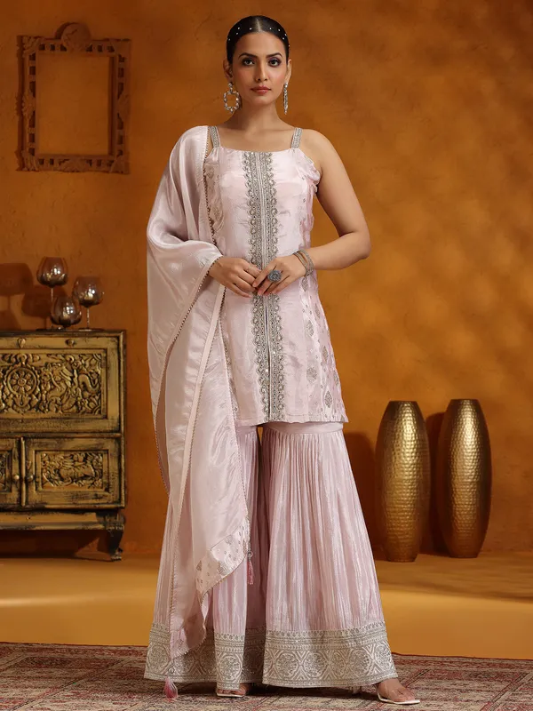 Onion pink silk sharara suit with dupatta