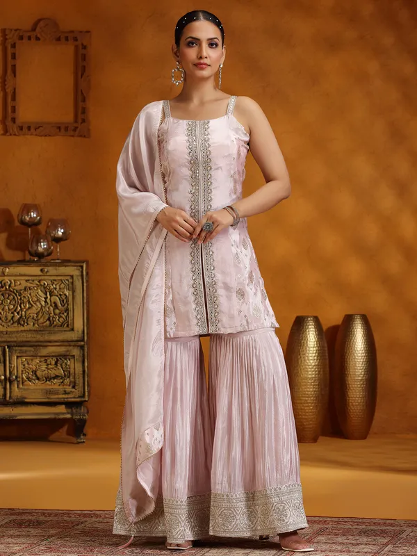 Onion pink silk sharara suit with dupatta