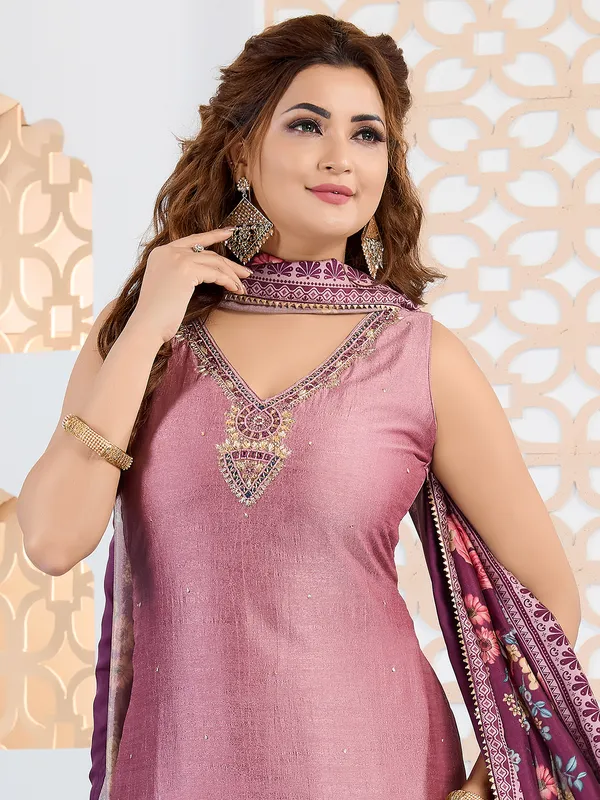 Onion pink silk staright cut salwar suit