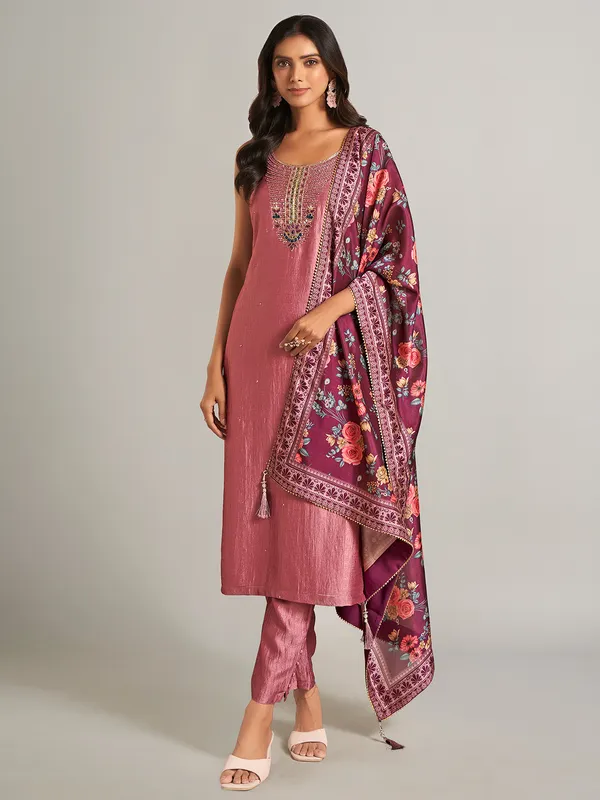 Onion pink silk straight cut salwar suit