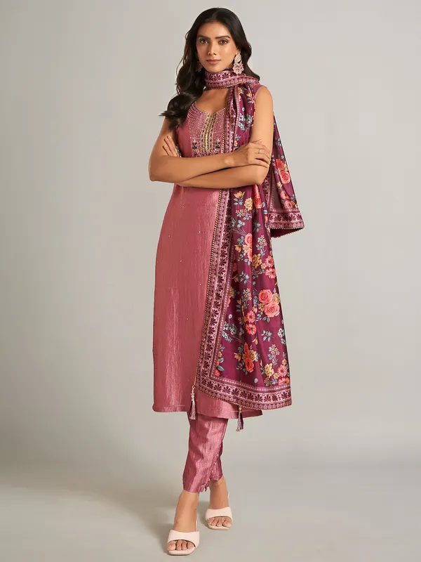 Onion pink silk straight cut salwar suit