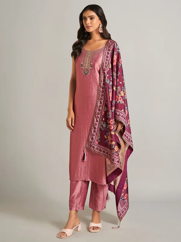Onion pink silk straight cut salwar suit