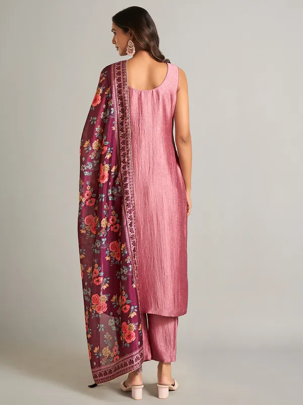 Onion pink silk straight cut salwar suit