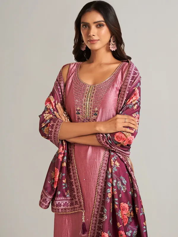 Onion pink silk straight cut salwar suit