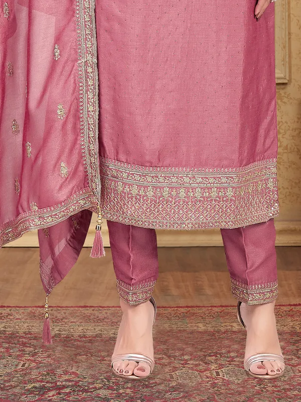 Onion pink silk straight cut salwar suit for women