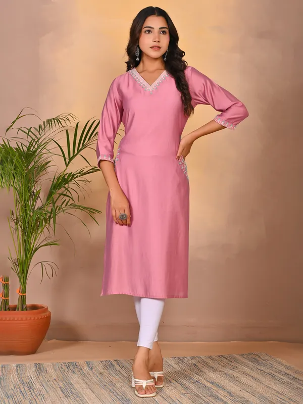 Onion pink silk V neck kurti