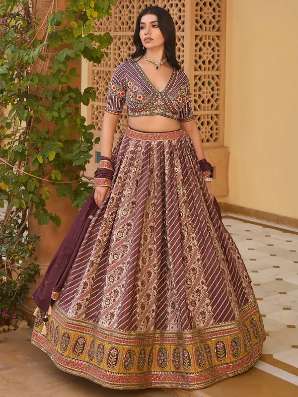 Onion pink silk wedding lehenga choli with print
