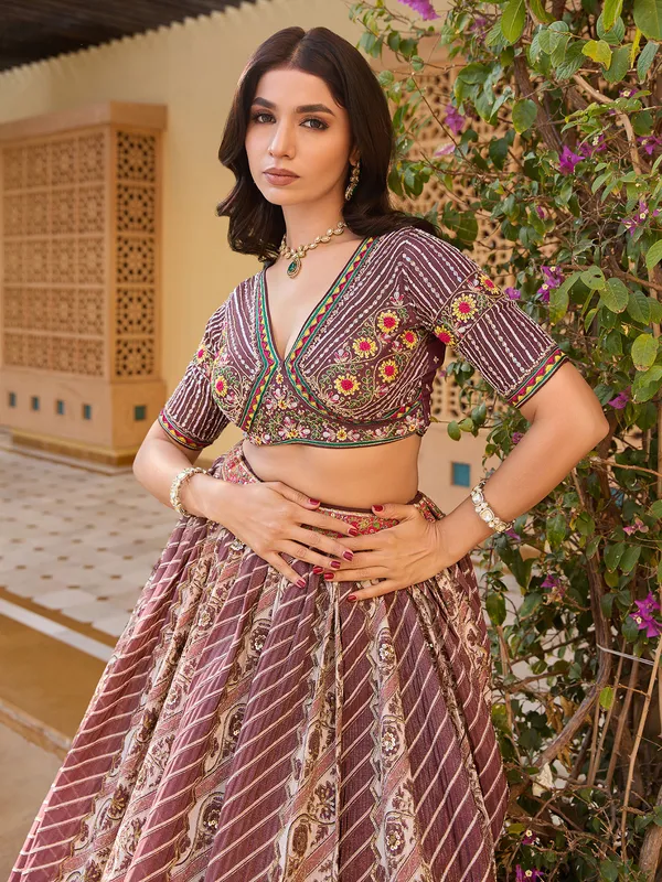 Onion pink silk wedding lehenga choli with print