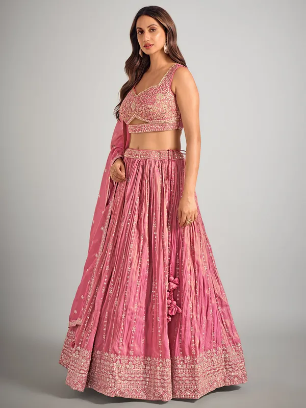 Onion pink silk wedding wear lahenga choli