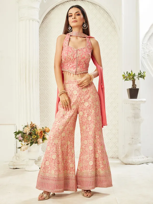 Onion pink sleeveless silk palazzo suit with zardosi
