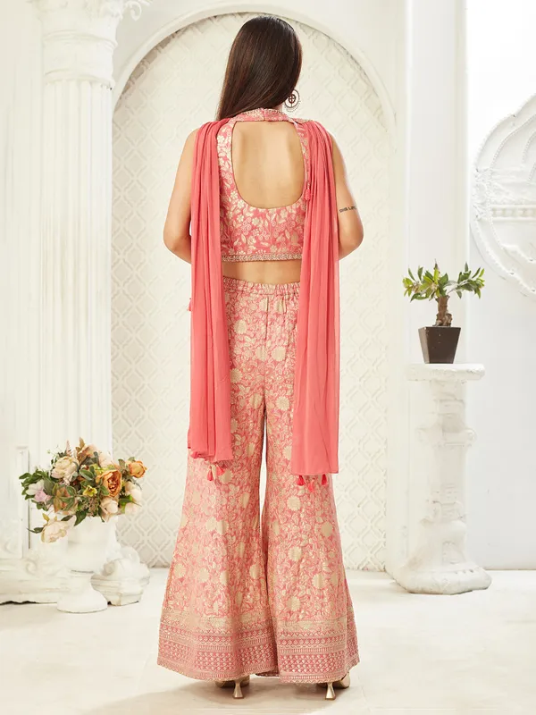 Onion pink sleeveless silk palazzo suit with zardosi