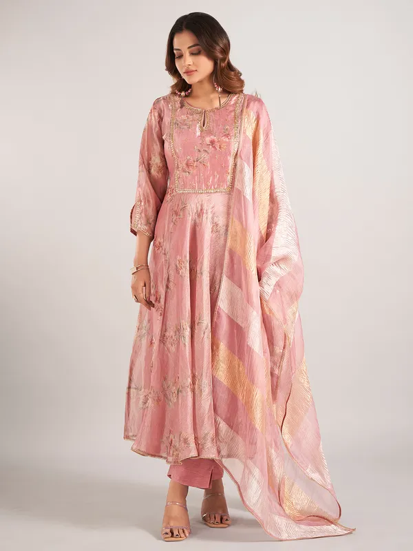 Onion pink soft organza floral printed salwar suit