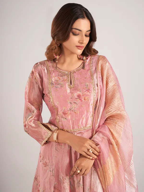 Onion pink soft organza floral printed salwar suit
