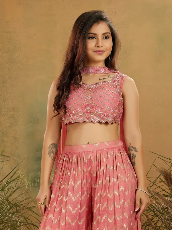 Onion pink sweetheart neck silk palazzo suit