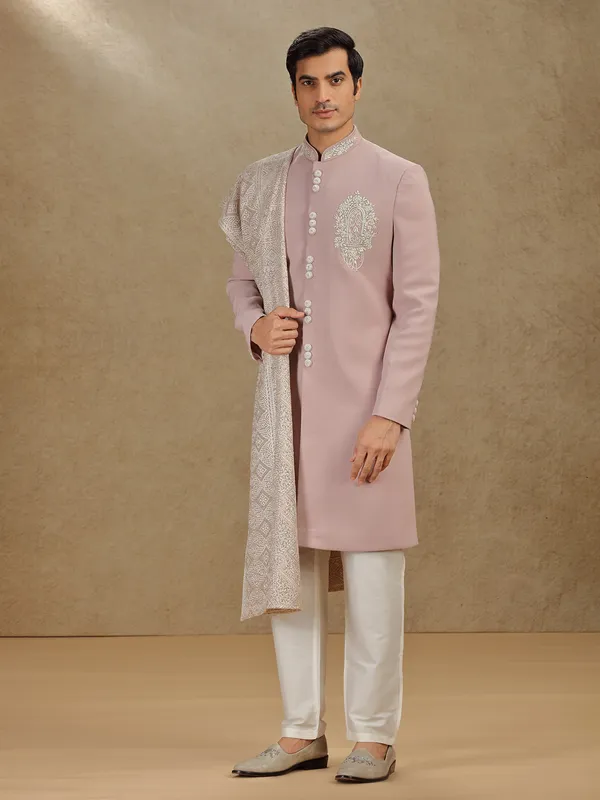 Onion pink terry rayon indo western with embroidery dupatta