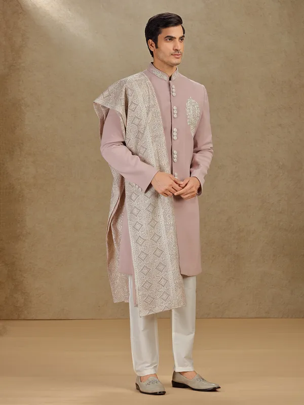 Onion pink terry rayon indo western with embroidery dupatta