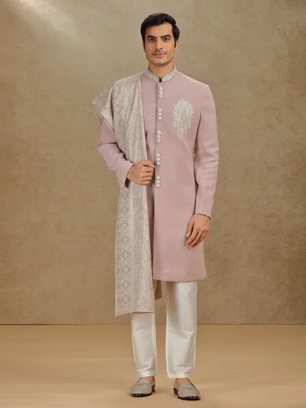 Onion pink terry rayon indo western with embroidery dupatta