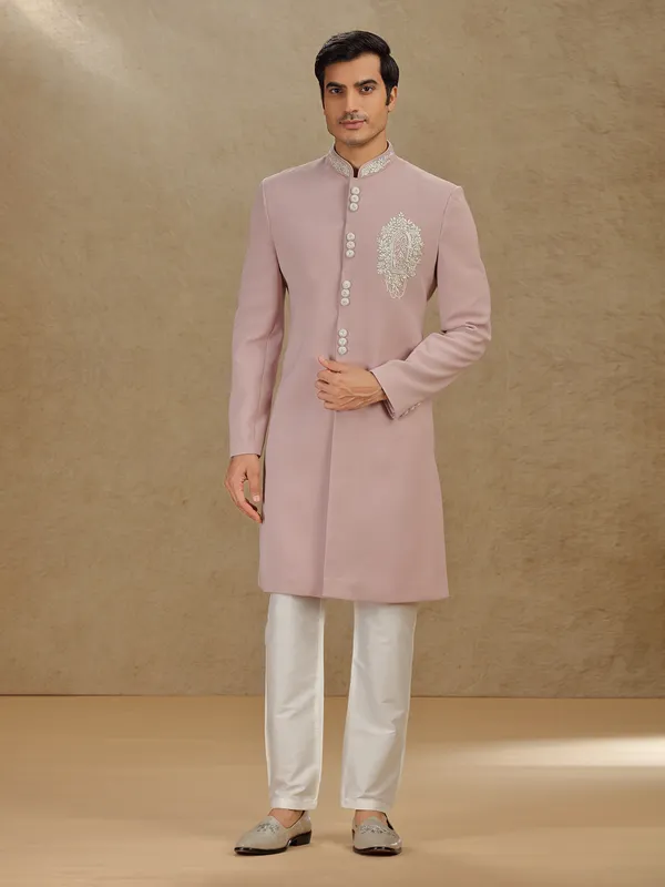 Onion pink terry rayon indo western with embroidery dupatta