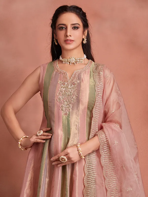 Onion pink tissue silk anarkali suit for wedding