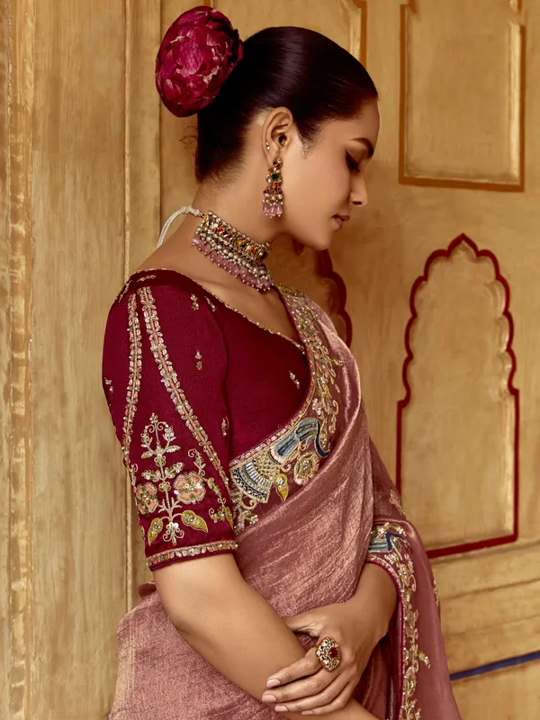 Onion pink tissue silk saree for women