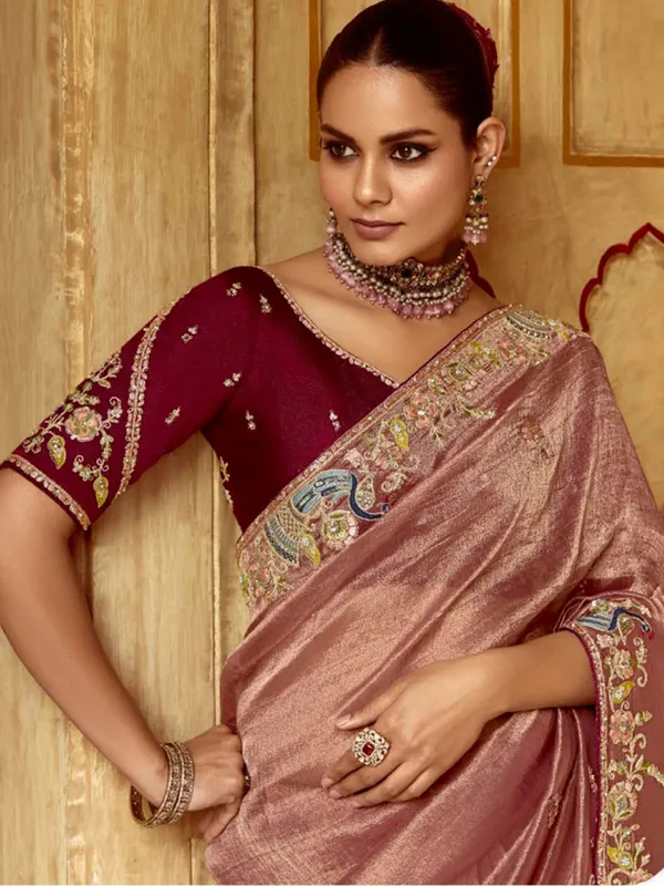 Onion pink tissue silk saree for women