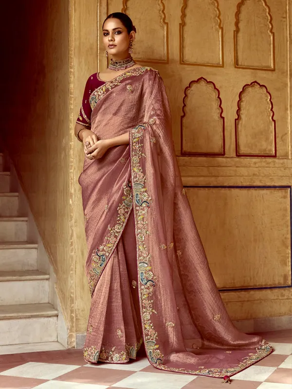 Onion pink tissue silk saree for women