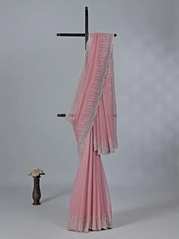 Onion pink tissue silk saree with cutdana weaving