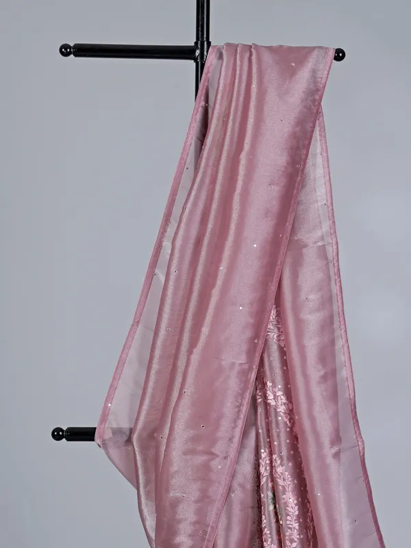 Onion pink tissue silk saree with resham and mirror detailing