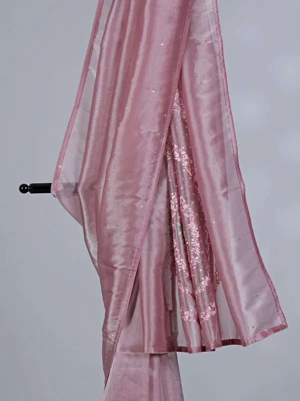 Onion pink tissue silk saree with resham and mirror detailing