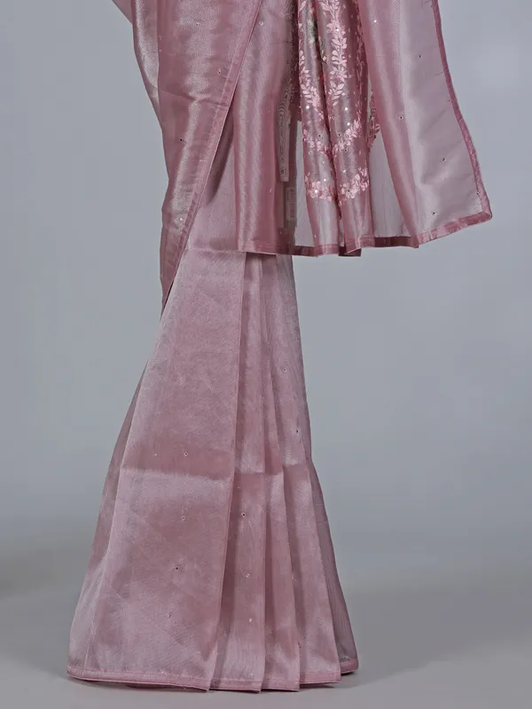 Onion pink tissue silk saree with resham and mirror detailing