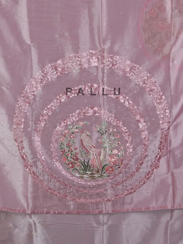 Onion pink tissue silk saree with resham and mirror detailing