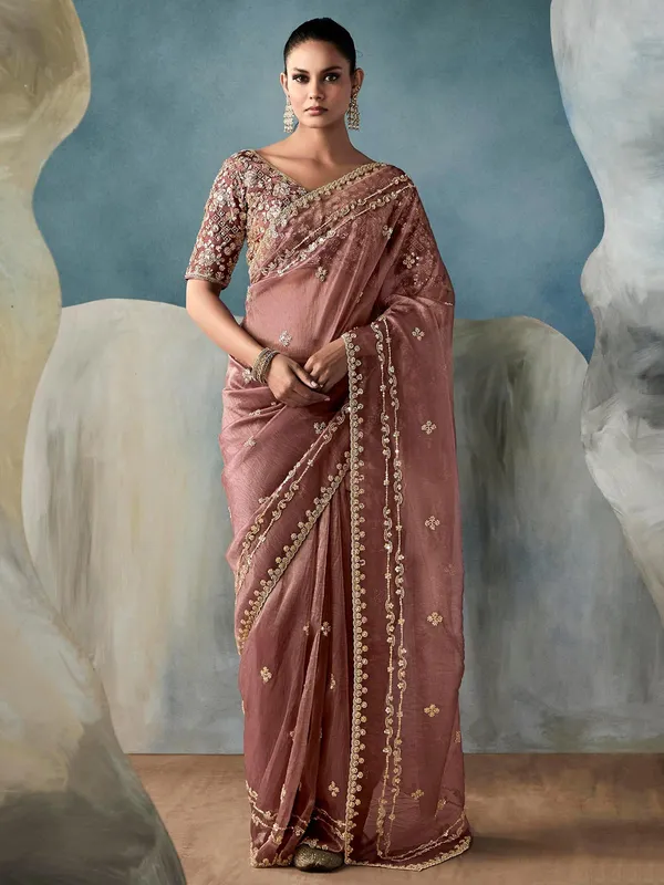 Onion pink tissue silk saree with sequins work