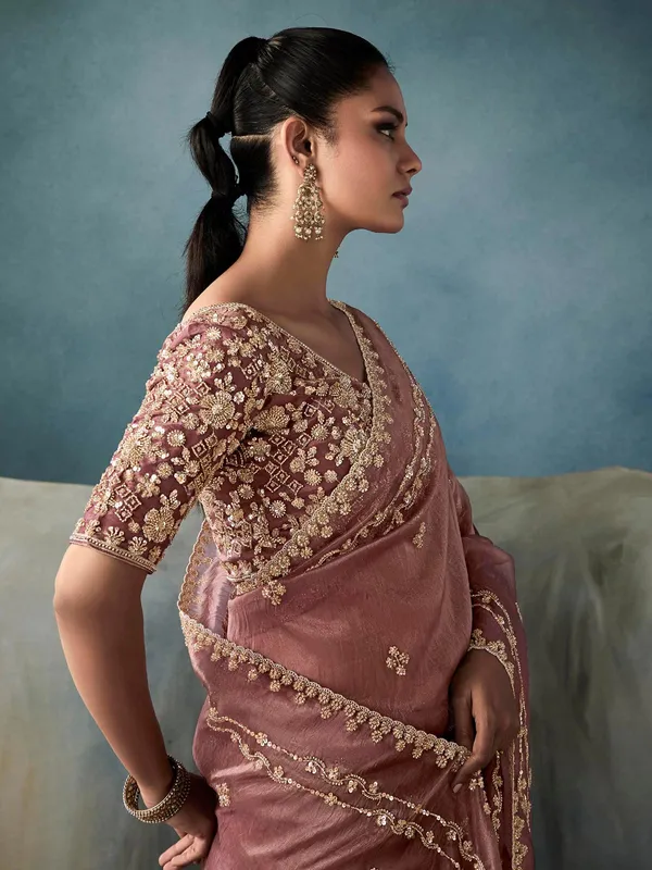 Onion pink tissue silk saree with sequins work