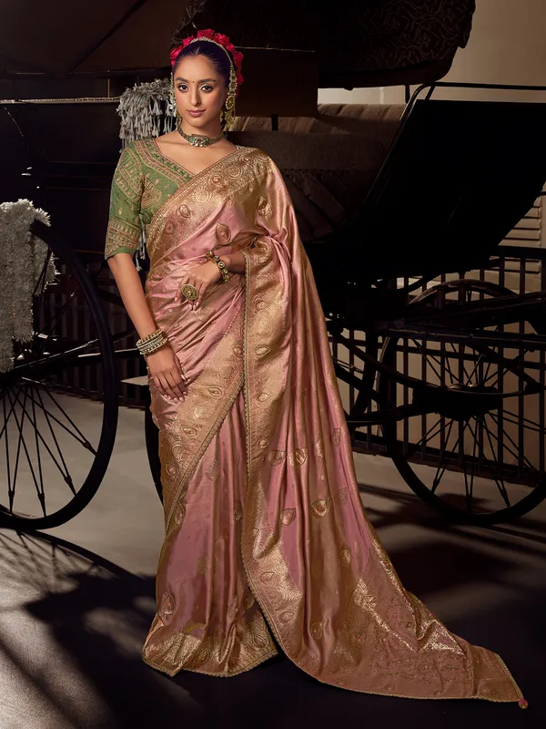 Onion pink viscose tissue silk saree for wedding delight
