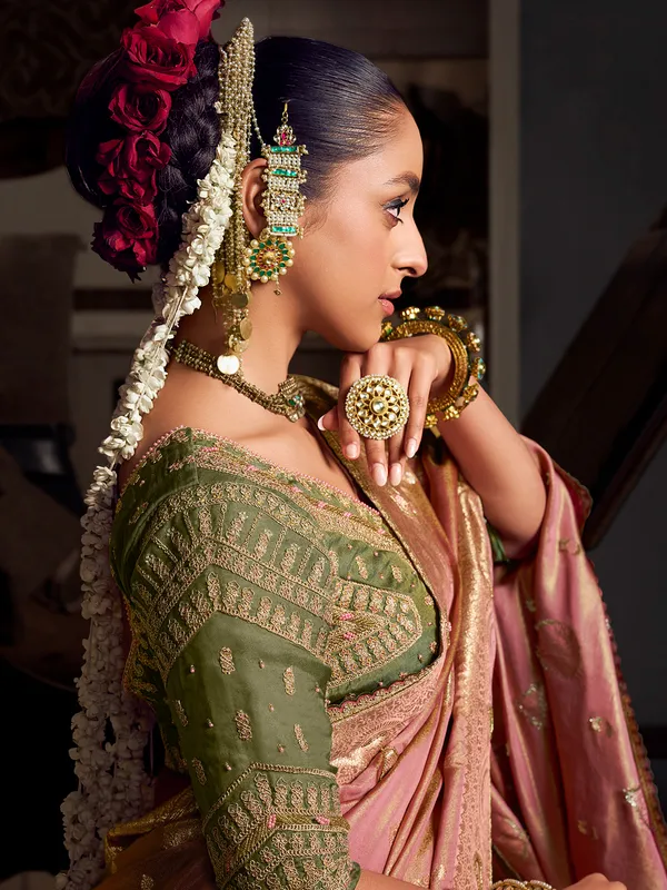 Onion pink viscose tissue silk saree for wedding delight