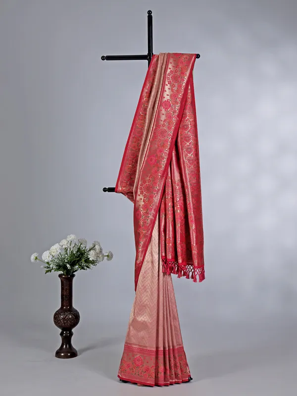 Onion pink wedding wear saree in tissue silk
