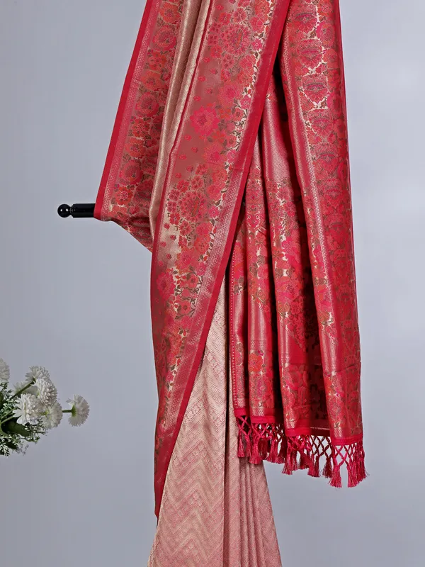 Onion pink wedding wear saree in tissue silk