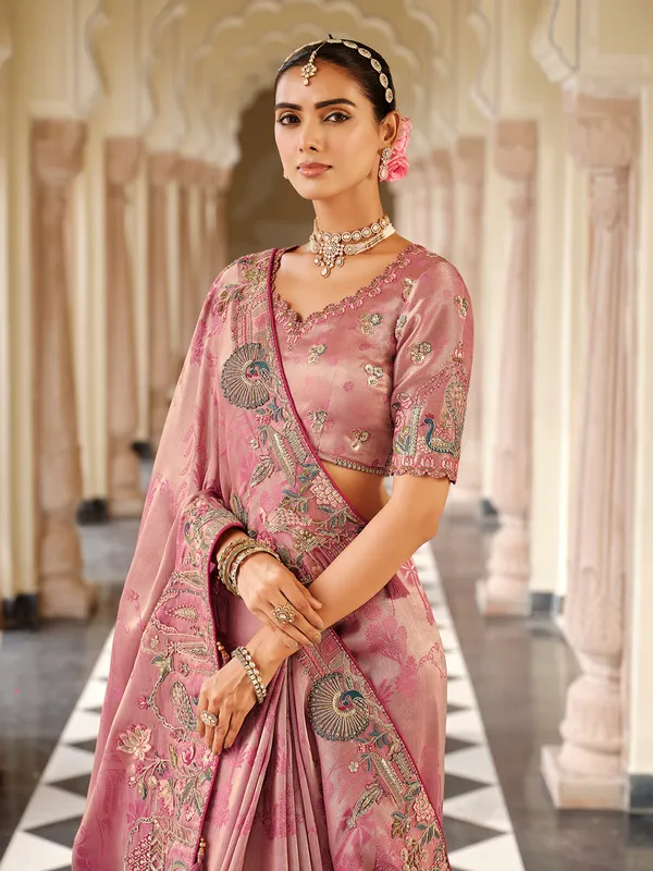 Onion pink wedding wear silk saree for women
