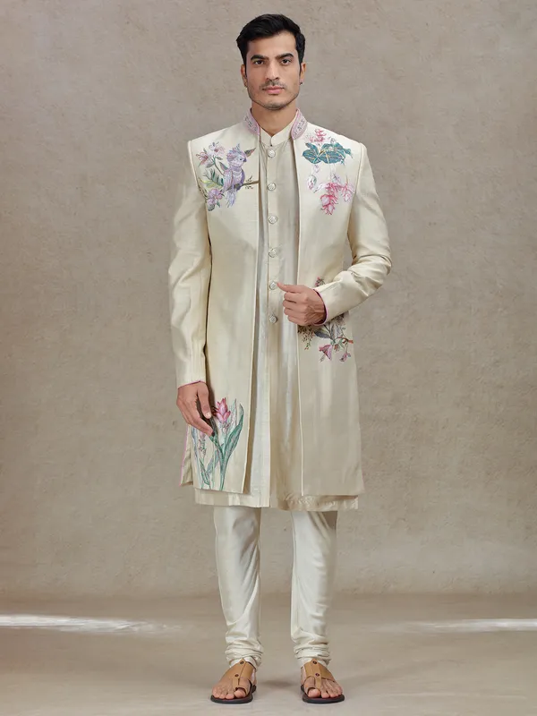 Opulent beige indowestern for a majestic look