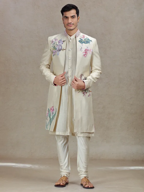 Opulent beige indowestern for a majestic look